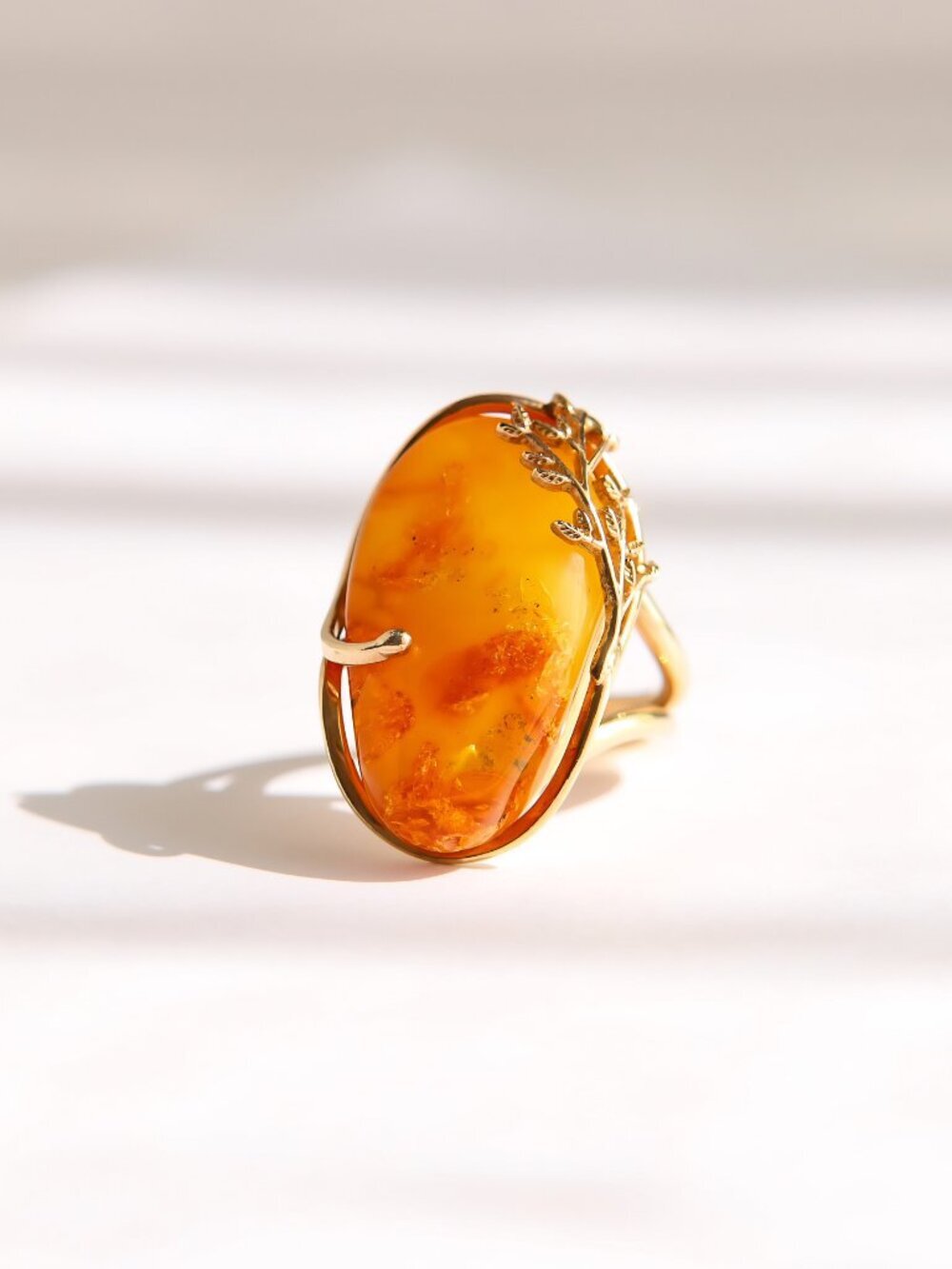 Honey Amber Ring With Gold Leaf Design-14k Gold Plated Sterling Silver